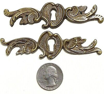 PAIR (2) Vintage Ornate Brass Skeleton Key hole Escutcheon 3 3/4" x 1" 3