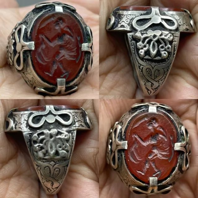 Sterling Silver Roman Empire Ancient Ring With Intaglio King Carnelian Stone