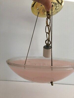 Vtg Art Deco Pink Glass Hanging Ceiling Light Fixture Semi-Flush Frosted 12"