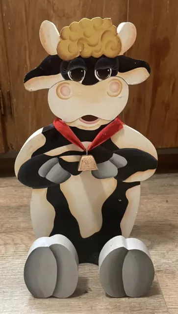 Vintage Hand Carved & Painted Wood Holstein Cow Paper Towel Holder With Bell