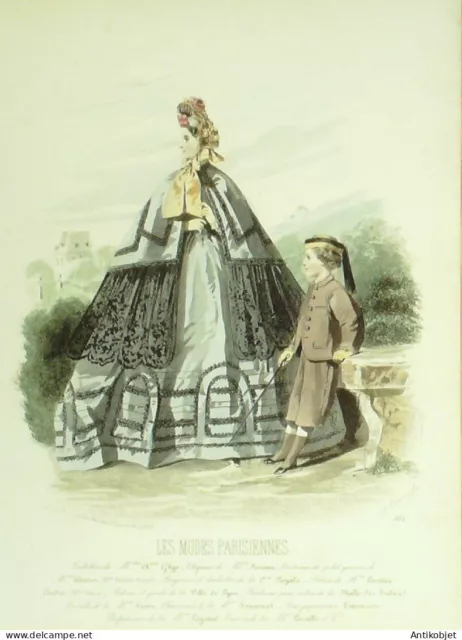 Gravure Modes parisiennes 1864 n°1104 Robe velours brodée mantelet dentelle