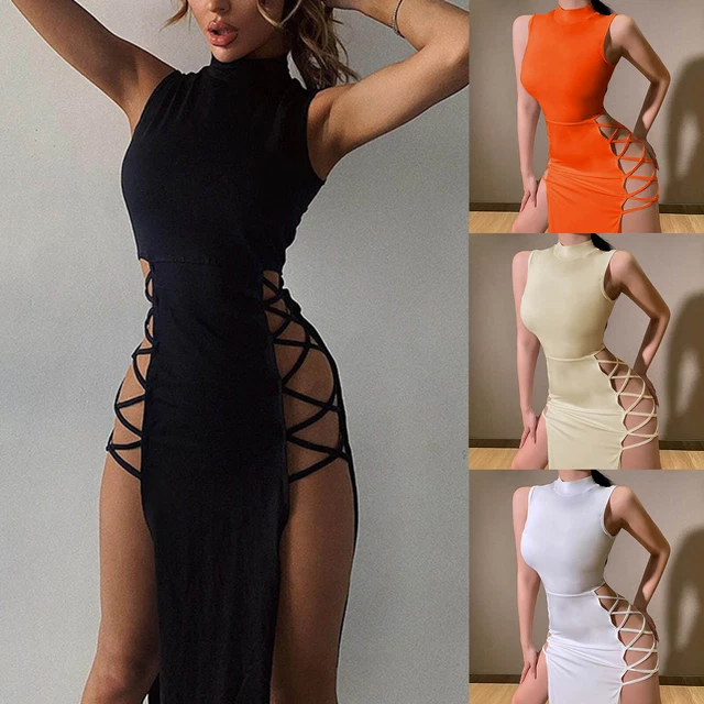 Women's Sexy Mock Neck Cut Out Side Lace Up Sleeveless Bodycon Maxi Tank Dress