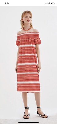 NWT Zara Red And White Striped Off The Shoulder Bardot Neckline Midi Dress Sz.M