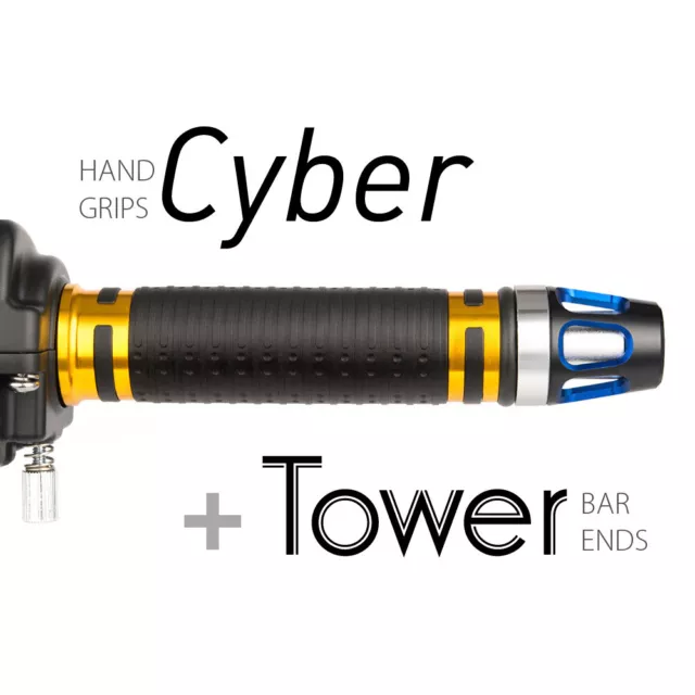 KiWAV Motorcycle Cyber Grips Gold with Tower Bar Ends Blue/Silver