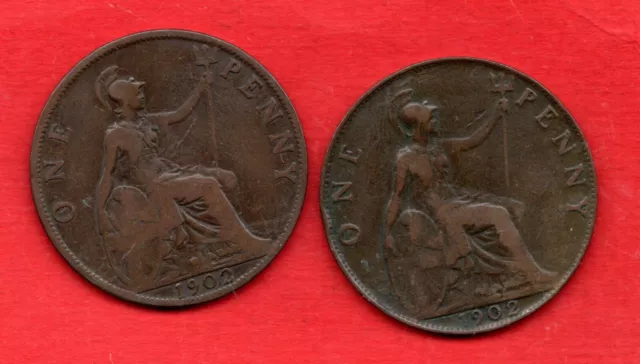 1902 Low Tide, And High Tide Pennies. 2 X Penny Coins. Edward Vii.