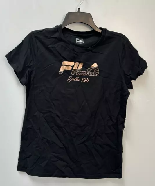 FILA Dee Dee Black Cropped Cotton T-Shirt Women's Sz Large Rose Gold Logo