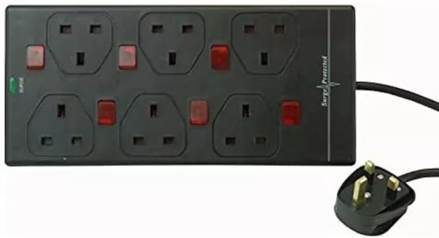 6 Gang Individually Switched Surge Protected Extension Lead 2m Lead Power Strip