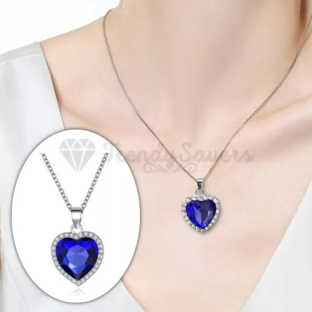 Stunning Titanic Heart of the Ocean Blue Topaz Stone Pendant Long Chain Necklace