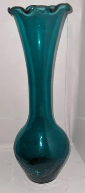 Vtg Aqua Crackle Glass Hand Blown With Fluted Rim Bud Vase