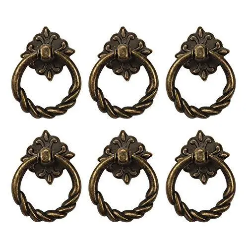 6pcs Vintage Bronze Drop Ring Knobs Pulls Handles for Dresser Drawer Antique