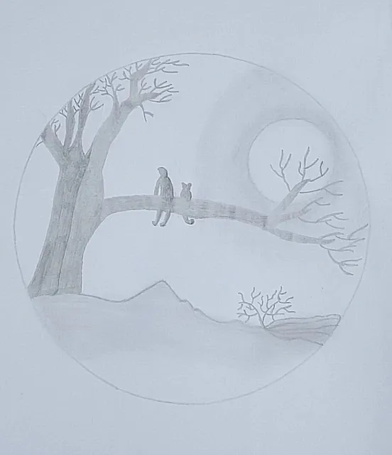 Original pencil portrait circle drawing sketch of moon light