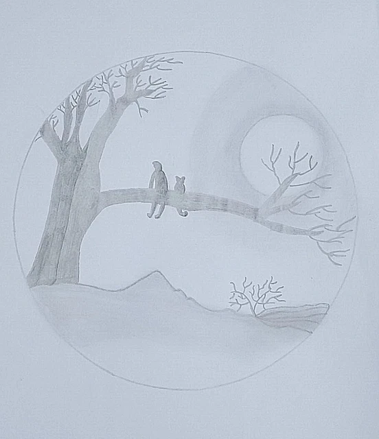 Original pencil portrait circle drawing sketch of moon light
