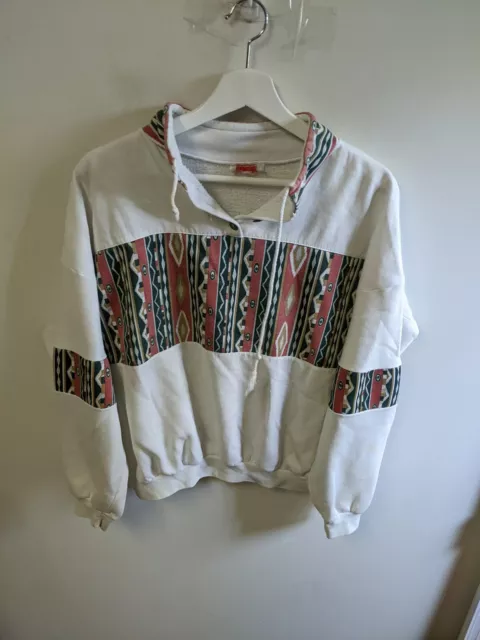 Vintage AZTEC Jumper Mens Medium White 90s Art Indigenous Cotton Adults