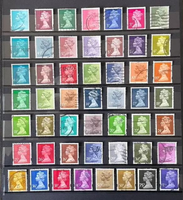 GB QEII British Stamps: 50 All Different Used Decimal Machin Definitives ½p - £1