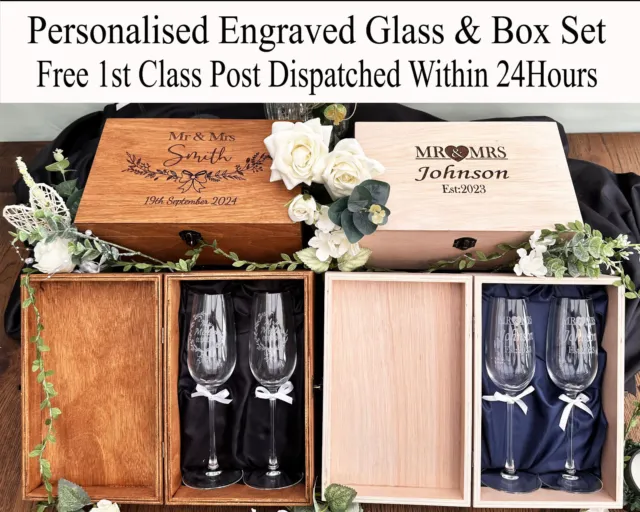 Personalised Engraved champagne Glass flutes gift box Glassware Wedding Gift set