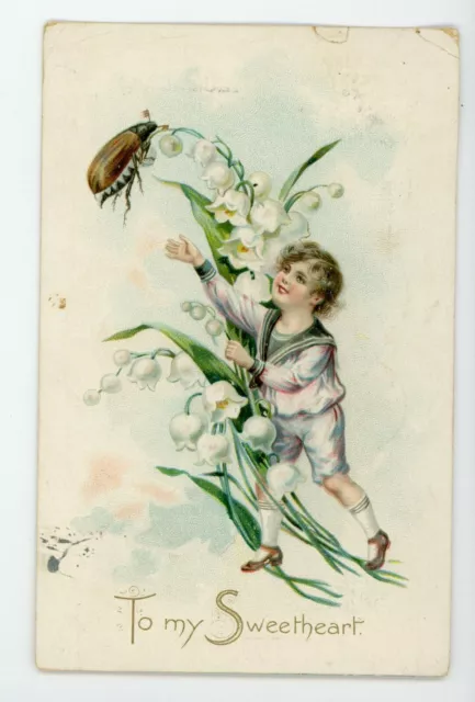 Postcard Tucks Embossed Insect beetle bug on plant flower with child 1908