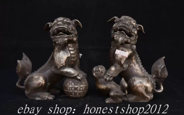 6.8" Alte chinesische Silber Foo Fu Lion Hund Weihrauchbrenner Statue Paar