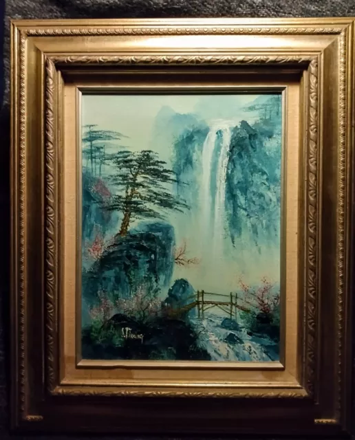 Spring Oil Painting Mountain Waterfall and Pink Sakura Vintage painting bef 1981