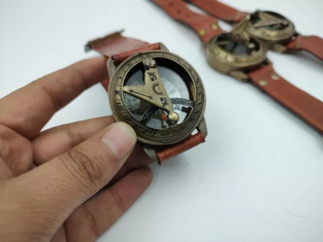 Maritim Messing Sonnenuhr Kompass Handgelenk Uhr Leder Nautisch Perfekt Geschenk 2