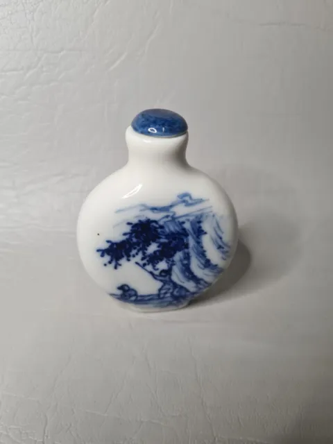Antique Chinese Snuff Bottle Porcelain White Delft Blue Handpainted