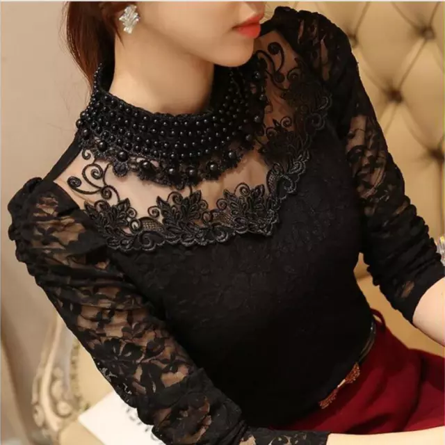 Donna Floreale Pizzo Camicia Perline Perla Traforato Dolcevita Maglia Pullover