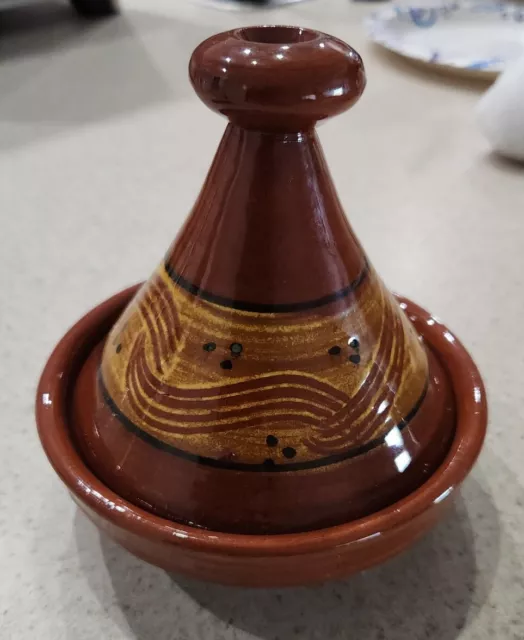 Vintage Small Moroccan Tagine Tajine Slip Sgraffito Redware Pottery Boho Decor