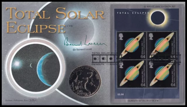 SIR BERNARD LOVELL Signed 1999 GB Solar Eclipse Alderney £2 Coin Benham C46 FDC