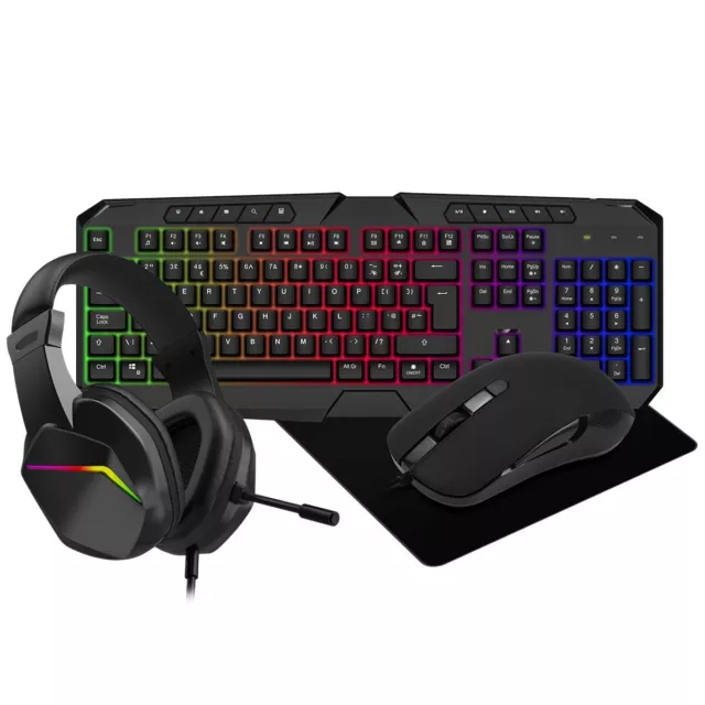 Rainbow LED Gaming Keyboard Mouse Headset And Pad Combo Set Backlit USB Wired UK