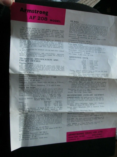 ARMSTRONG AF 208 AM/FM Radiogram Chassis specs/details leaflet £1.75 ...