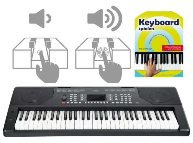 Zeitloses 61-Tasten-Keyboard in schwarz mit Anschlagdynamik im Set mit Schule