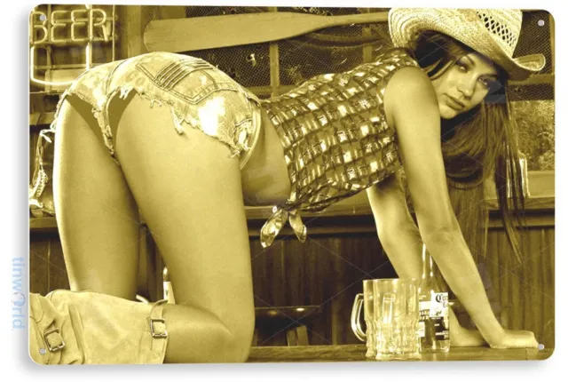 TIN SIGN Fallen Metal Décor Wall Art Pin-up Cowgirl Farm Beer Girl Bar A806