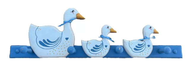 Wooden VTG Goose Ducks Towel Rack Country Blue HandCarved &Painted Farmhouse 22”