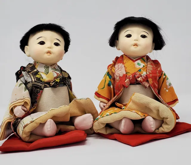 Vintage Japanese Ichimatsu Gofun Dolls, 9" tall, boy and girl, '50s-'60s, set