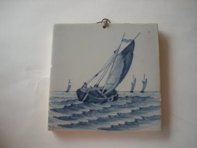 Antique Vintage  Makkum Dutch Delft Tile Wooden Ships at sea original