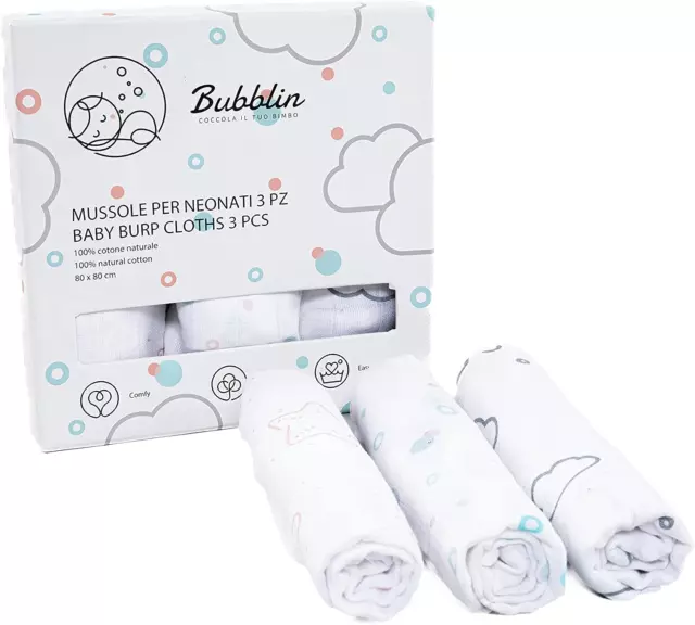 Bubblin, Set Di 3 Mussole Neonato, 80X80 Cm, Teli Neonati Quadrati, Tessuto Dopp