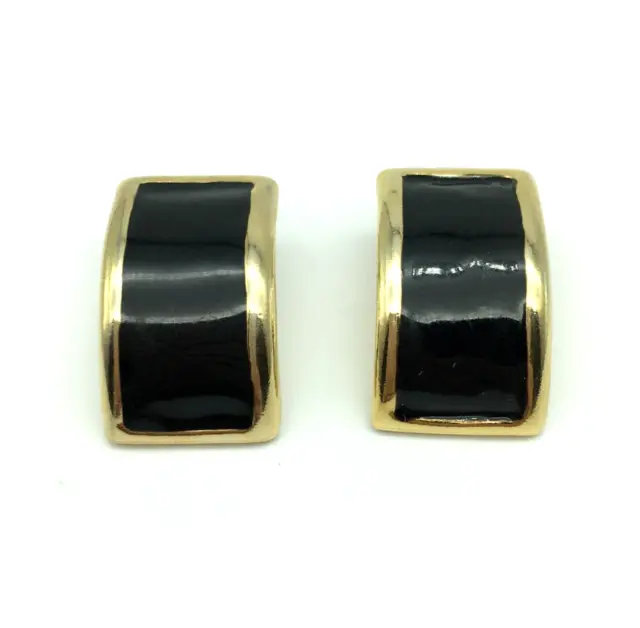 VINTAGE BLACK ENAMEL Gold tone Half Hoop Earrings chunky pierced $5.00 ...