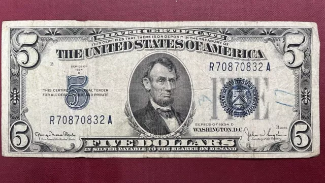1934 D Five Dollar Silver Certificate $5 Bill Blue Seal Note Circulated #59024
