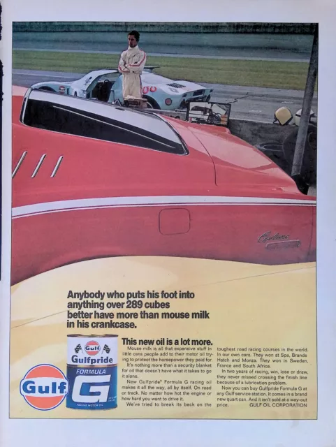 Print Ad Ford Cyclone Fastback Racecar Driver Gulf Pride Formula G Racing Oil