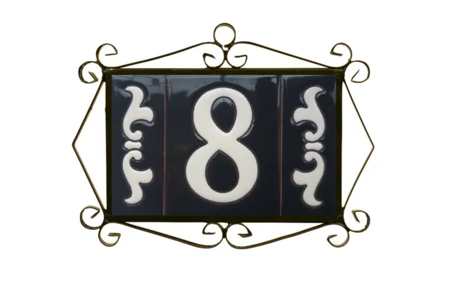 10cm x 7.5 Costa Black Hand-Painted Spanish Door Number Tiles & Metal Frames