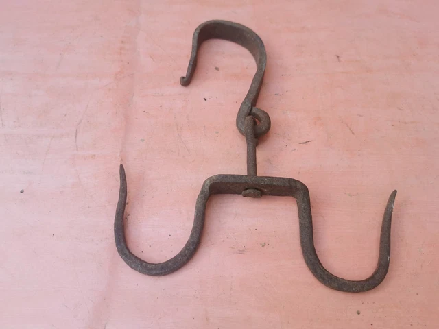 ANTIQUE VERY RARE OLD HAND FORGED WROUGHT IRON HOOK HANGER 19th 2