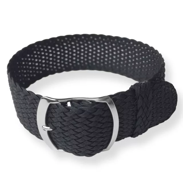 20mm Black Perlon Cross Weave Braided Nylon Watch Strap Band Single Pass Design