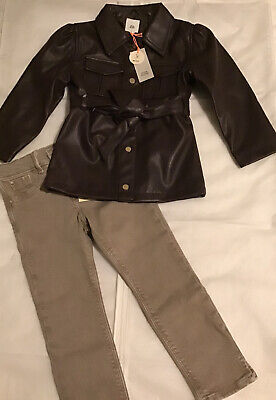 River island mini girls aged 2-3 years brown faux leather coat jacket outfit BN