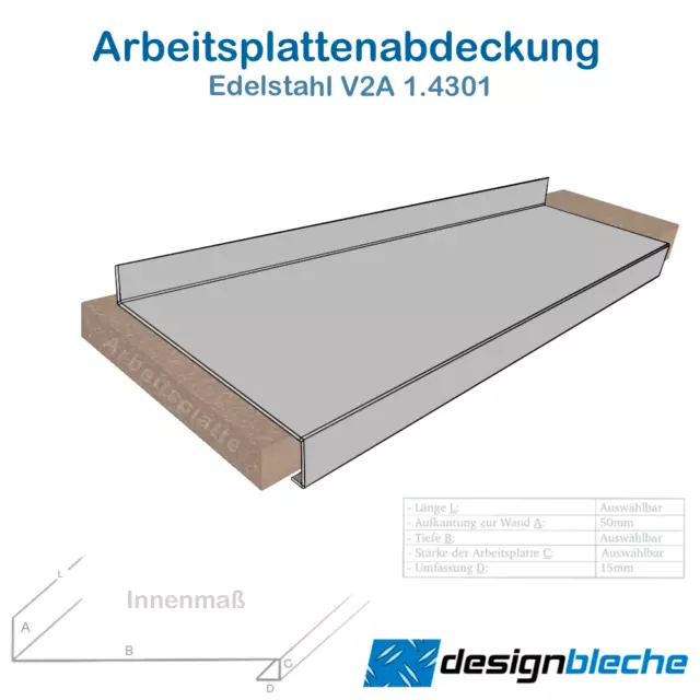 Edelstahl Imbiss Abdeckung Arbeitsplatte 600mm tief 0,8mm V2A Tischabdeckung CNS