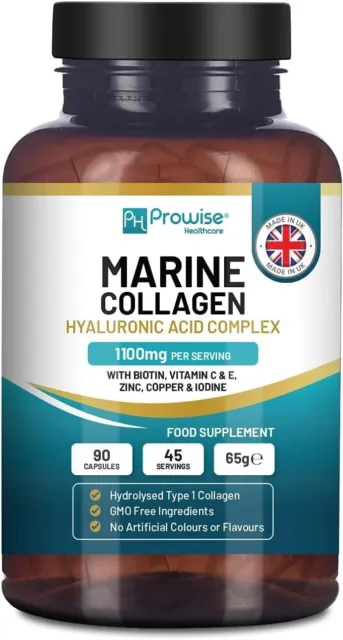 Marine Collagen + Hyaluronic Acid x90 Capsules Vitamin C E B2 Biotin Zinc Iodine