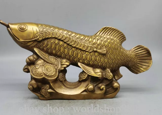 10.4" Old Chinese Yellow Copper Gilt Carving Dynasty Ruyi Golden arowana Statue