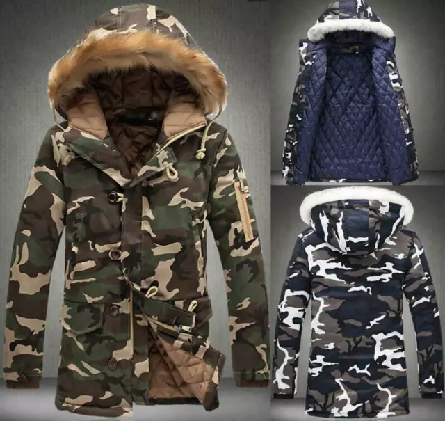 Winter Mens Fur Collar Thick Camo Warm Down Cotton Jacket Hooded Coat Parka Tops