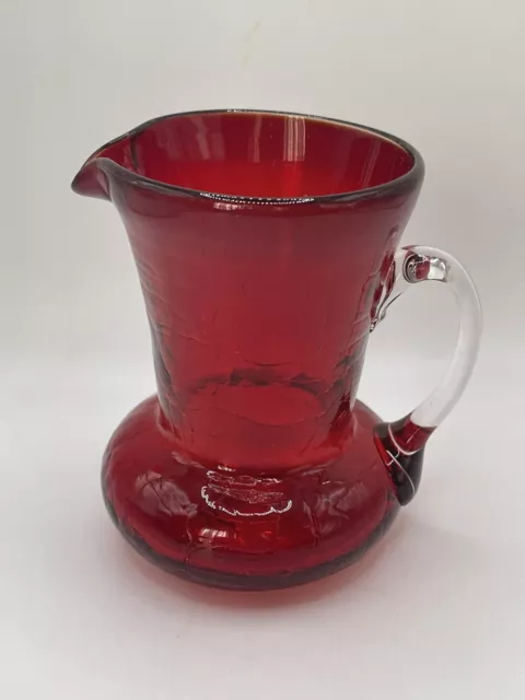 Vintage hand blown crackle glass ruby red small pitcher w/ clear handle