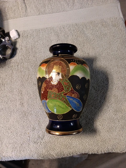 Vtg SATSUMA POTTERY VASE COBALT BLUE DEITY JAPAN  Good Condition  Estate Find