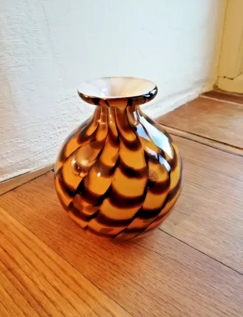 Murano Cased Glass Amber & Brown Phoenician Pattern Vase with Gold Inclusions