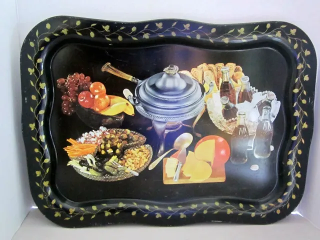 Coca-Cola Metal TV Serving Tray Advertising Fondue Cheese Fruit Black Gold 1950s